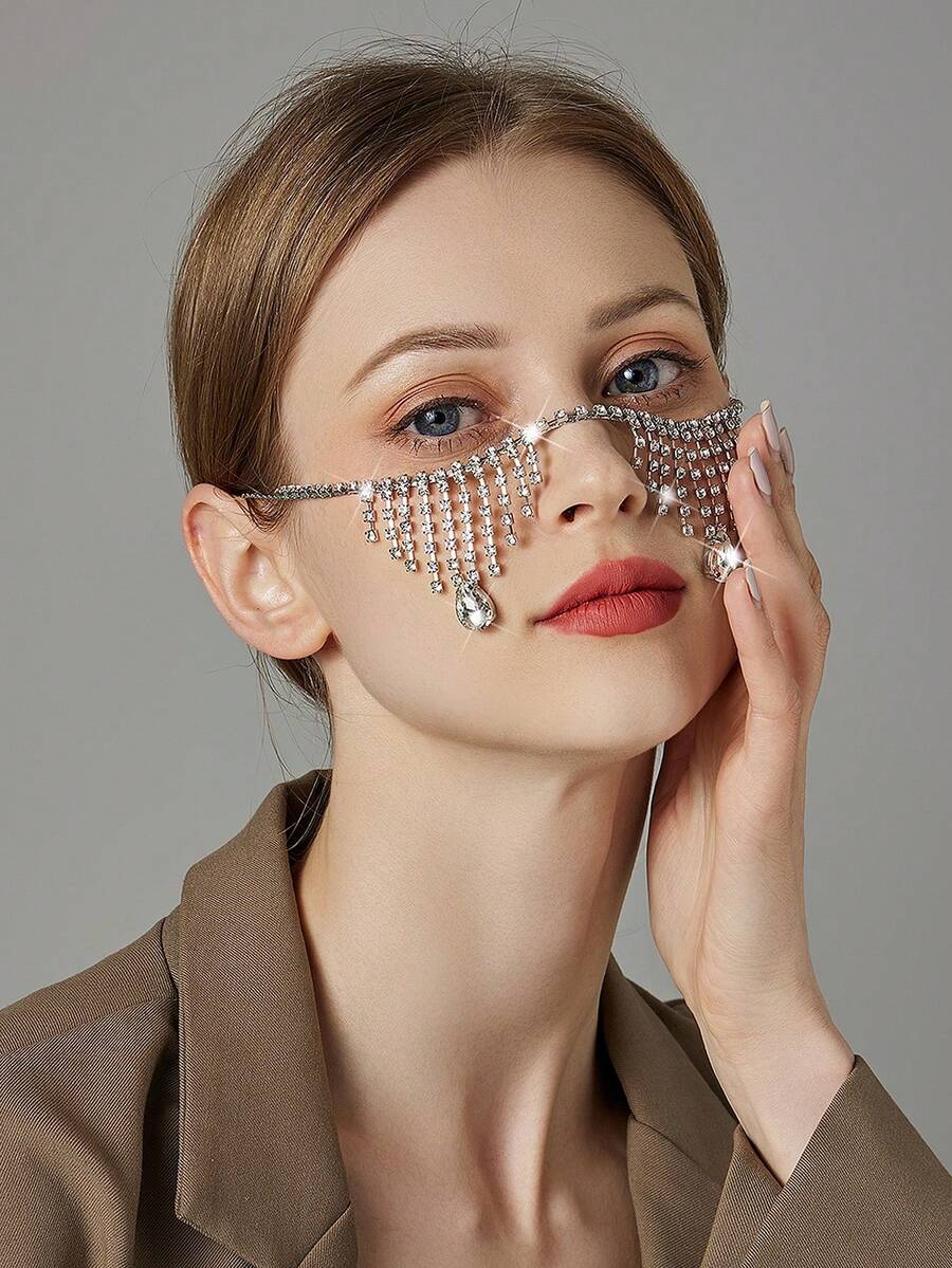 1pc Exaggerated Rhinestone Glass Adjustable Water Drop Pendant, Suitable For Women, Cosplay, Party, Wedding, Gift, Fashion Face Jewelry - Multicolor - View 1