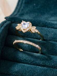 Conjunto de anéis com decoração de coração em zircônia cúbica, elegante e em caixa de presente. Joias femininas para casamento, festa e banquete. Material em cobre, resistente ao desbotamento e antialérgico. Presente ideal para as festas de fim de ano. - Ouro - Ver 11