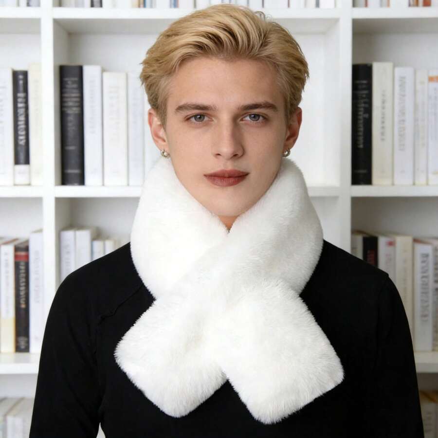 1Pc Faux Rabbit Fur Cross Neck Warmer - Plush Thickened Soft Solid Color Women's Scarf For Winter | Great For Self & Gifting - trắng - Xem 1
