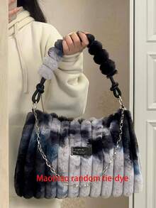 1pc Tie-Dye Plush One Shoulder Underarm Tote Bag, Women Large Capacity Handbag, 2026 New Style Furry Shoulder Crossbody Bag - Multicolor - View 9