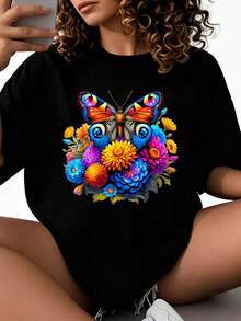 Camiseta Estética de Mariposa con Flores 2026 nuevas camisetas impresas para mujeres, estilos populares, camisetas de primavera para mujeres, camisetas de invierno, camisetas de para mujeresás vendidas - Negro - Ver 1