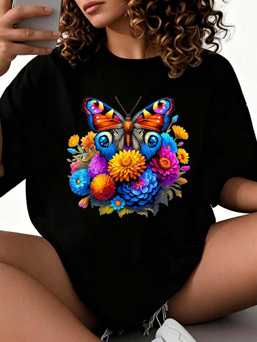 Camiseta Estética de Mariposa con Flores 2026 nuevas camisetas impresas para mujeres, estilos populares, camisetas de primavera para mujeres, camisetas de invierno, camisetas de para mujeresás vendidas - Negro - Ver 1
