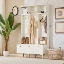 Wardrobe Set With Bench, Multifunctional Storage Bench, Open Storage, 6 Hooks And Gold Legs, Suitable For An Entryway Or Living Room, White, W 120/D 40/H 191.5 Cm - 白色 - 查看 4