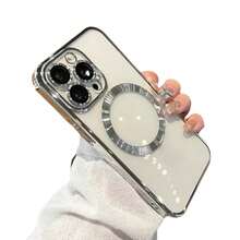 1pc Silver Luxury Electroplated Magnetic Wireless Charging TPU Full Body Protective Case With Lens Film, Silicone Soft Shockproof Anti-Scratch Anti-Fingerprint Slim Transparent Case Compatible With Apple 17 Pro/17 Pro Max/17 Air/17/16 Pro/16 Pro Max/16 Plus/16/16E/15 Pro/15 Pro Max/15 Plus/15/14 Pro/14 Pro Max/14 Plus/14/13 Pro/13 Pro Max/13/12 Pro/12 Pro Max/12/11 Pro Max/11/11 Pro - Silver - View 3