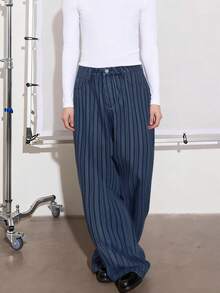 1Pc New Of Japanese Korean Style With Wavy Stripe Jacquard Fabric Baggy Wide-Leg Jeans ; American Retro Style Wide-Leg Pants In Wavy Stripe Jacquard Fabric. - Blue - View 4