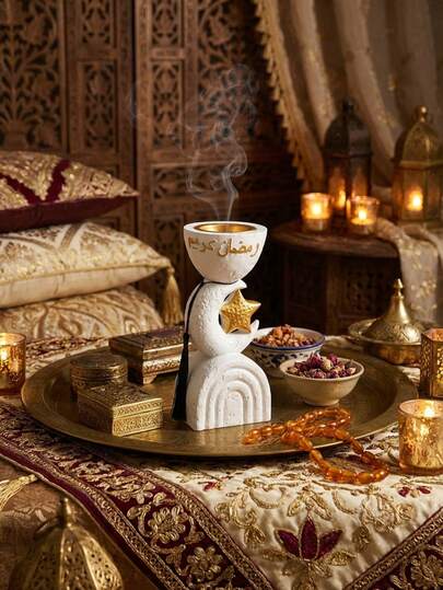 High-End Resin Islamic Incense Burner/Islamic Decor Moon Star Bakhoor Burner - Ceramic Ramadan Kareem Fragrance Holder With Tassel For Eid & Daily Use,For Home Decoration, Office Decoration,Wedding Decorations,Living Room Accessories