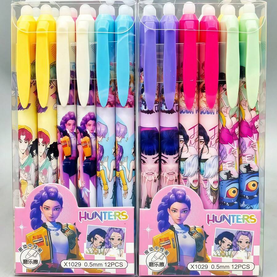 12pcs Girl Group Hot Erasable Neutral Pen, Click-To-Erase Pen, Student Stationery, Korean Comic Style Erasable Signature Pen, Suitable As A Study Tool, Holiday Gift, Or Birthday Gift - Multicolor - View 1