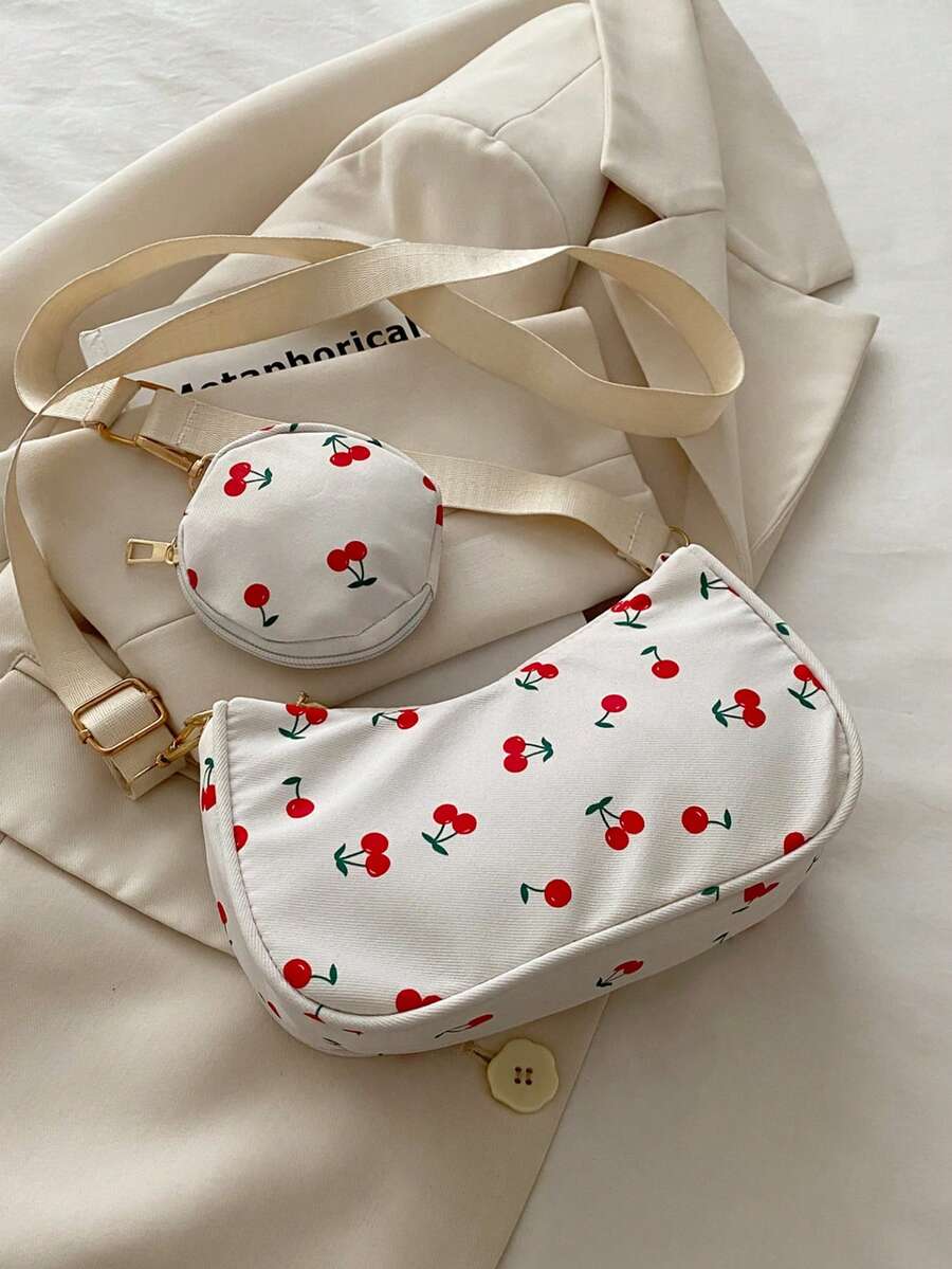 Set de 2 piezas de bolso bandolera con estampado de flores de cerezo, bolso cuadrado mini con estampado geométrico para el Día de San Valentín con monedero, bolso cuadrado con estampado vintage de Body completo - Rojo y blanco - Ver 1
