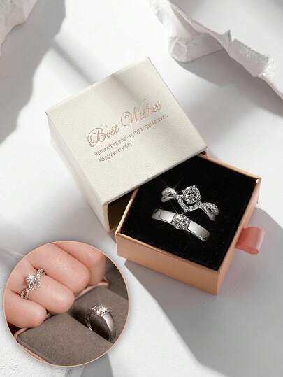 精美礼盒套装，包含优雅的立方氧化锆戒指，闪亮夺目，适合婚礼、派对和宴会佩戴。戒指采用铜质材料，不易褪色，防过敏，是理想的节日礼物。
