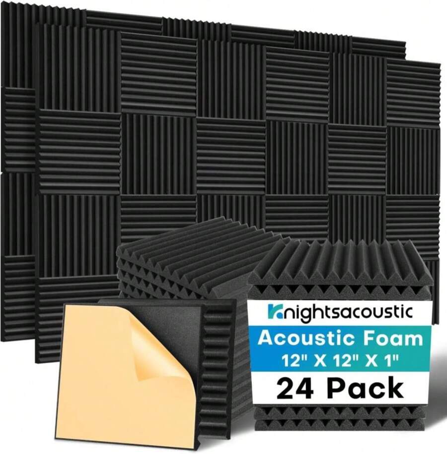 Knightsacoustic 24 Pack Sound Proof Foam Panels For Walls With Self Adhesive, 12x12x1 Acoustic Foam Panels, High Density Acoustic Panels Sound Absorbing, Fire Resistant Studio Sound Proofing Black - ColorI - 查看 1