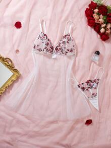 Bộ đồ ngủ và áo choàng gợi cảm 2 món dành cho nữ, chất liệu lưới xuyên thấu với họa tiết hoa, dây đeo vai mảnh có thể điều chỉnh, bộ đồ lót. - Nhiều màu - Xem 9