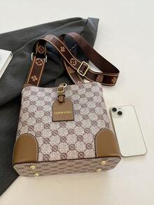 复古时尚小众单肩斜挎宽肩带大容量水桶包 - 灰色 - 查看 7