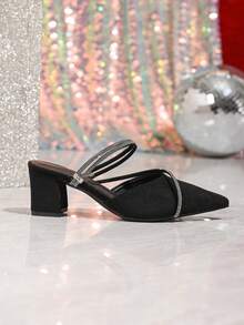 春季新款时尚女士尖头婚鞋，粗跟黑色水钻蝴蝶结休闲舒适鞋 - 黑色 - 查看 3