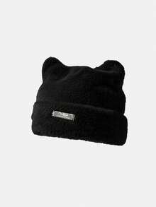 1pc Cute Cat Ear Plush Hat, Warm Knitted Earmuff Hat For Autumn/Winter, Fashionable & Versatile Plush Bear Ear Beanie - Black - View 9
