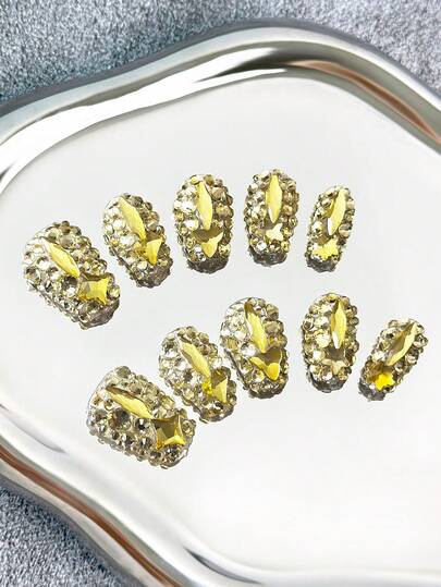 Y2K Coffin Nails Handmade Press-On Nails With Transparent Tips,Yellow Rhinestones & Sparkling Full-Coverage 3D Designs - Full Cover DIY Glitter Artificial Nails, False Nails For Parties, Outdoor, Beach, Daily, Holidays, Gatherings, Work & Special Events - 10 Pieces/Bag
