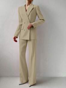 Conjunto de 3 piezas para mujer de otoño/invierno: Top mostaza, chaqueta y pantalones de primavera - Caqui - Ver 5