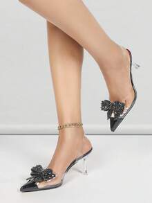 Women's Transparent High Heels For Valentine's Day, New Year Party & Holiday, Women's Crystal Bow Pointed Toe Stilettos, Sexy Nightclub & Banquet Dress Shoes To Match Dresses - Black - View 3