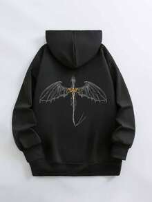 女士休闲印花连帽长袖卫衣 - 黑色 - 查看 3