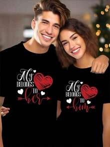 Print Round Neck Men And Women Short-Sleeved-Shirt, Valentine'S Day Couple Husband And Wife, Anniversary, My Heart Belongs To Her-He Print, Couple Fashion Casual Sports Loose-Shirt, Have A Certain Thickness, As A-Summer 2025 - Couple-Shirts - Lady - 查看 12
