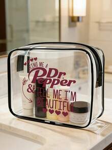 Transparent Zippered Cosmetic Bag Features The Dark Red Letters And A Heart. Lightweight, Portable, Waterproof, Dustproof, Stylish, And Simple,Serves As A Cosmetic Organizer, Toiletry Bag, Back-To-School Essentials Organizer