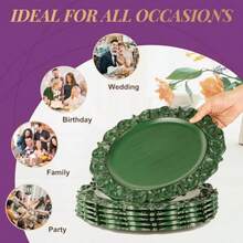 Gifturbo - 6 platos de carga verdes cargadores redondos de 13 pulgadas para platos de cena con borde grabado clásico cargadores de platos de plástico antiguo para fiestas de Navidad juegos de mesa boda - Navidad verde antiguo - Ver 4