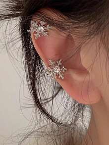 1只雪花水钻夹式耳环，简约风格铜合金银色耳环，适合女性日常、通勤、派对、圣诞节、节日礼物、新年礼物、情人节礼物 - 銀色 - 查看 2