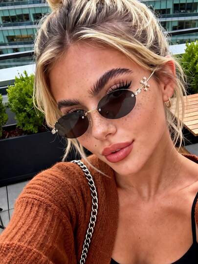 1 Pair Oval Frameless Rhinestone Embellished Black Sunglasses For Women And Men, Suitable For Party, Travel, Music Festival, Sports, Driving, Holiday Outfits, Beach, Outing, Summer Accessories, Vacation, Family Outing, Elegant Attire, Streetwear, Sports, Outdoor Activities, Fishing, Holiday