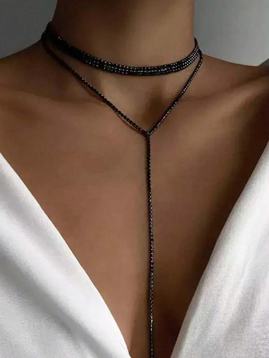 1pc Black Crystal Long Tassel Necklace, Geometric Y-Shaped Choker, Fashionable Gothic Style Jewelry Accessory, Valentine's Day Gift