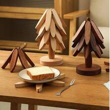 1pc Walnut Tree-Shaped Trivet Set - Natural Wooden Trivet Set - Includes 5 Wooden Trivets And 1 Holder, Foldable Kitchen Wooden Trivet For Hot Dishes, Pots, Bowls, Kettles, Can Be Used As Pot Holder, Coaster, Cup Mat, Tree-Shaped Household Heat Insulation Placemat, High-Quality Coaster, Modern Minimalist Placemat, Christmas Gift - Multicolor - View 3