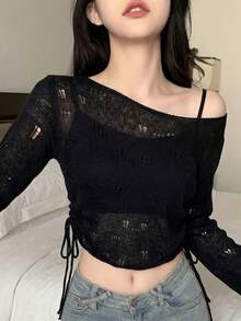 Lightweight Adjustable Off Shoulder Ruched Knit Cover Up For Women, Spring/Summer - Black - View 2