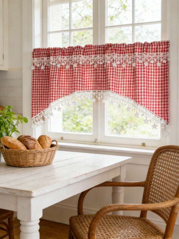 1pc Farmhouse Style Arched Curtain Valance With White Hollow Stars Lace Trim Elegant Door Curtain Cafe Curtain For Kitchen Bathroom Window Hallway Rod Pocket Top