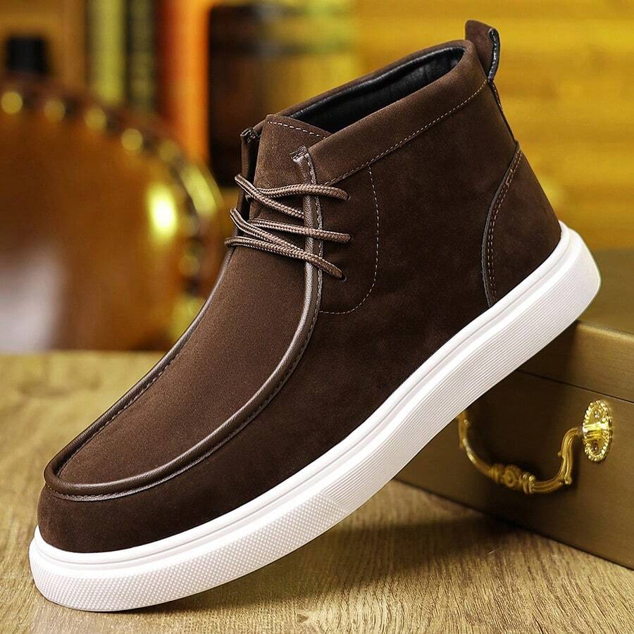 Men's Soft Solid Color Upper High Top Casual Shoes, Urban Street Style Lace Up Shoes, Preferred For Daily Wear - màu nâu - Xem 1