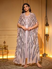 Elegant V-Neck Batwing Sleeve Robe With Contrast Sequin Decor, Non-Stretch Asymmetric Design Spring - Apricot - View 6