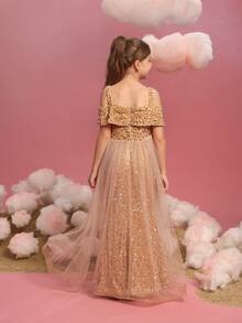 ALISA&LEO Tween Girl Glamorous Shining Off-Shoulder A-Line Dress Multi-Layered Tulle Sequin Splicing Graduation Prom Gown Special Occasion - Champagne - View 2