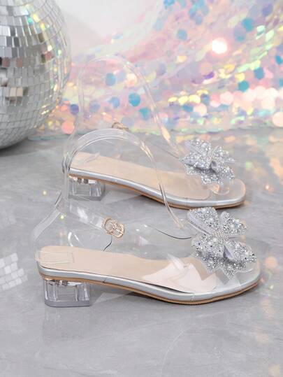 1 Pair Latest Summer Children's Crystal Pearl Bow High Heel Sandals - Silver Design. Easy To Match With Various Outfits, Suitable For Daily Outings, Shopping Malls, Parties, And Summer Vacations.