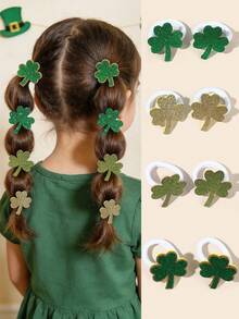 8pcs St. Patrick's Day Hair Ties Cute Sparkly Glitter Clover Rubber Bands Cute Shamrock Ponytail Holder Festive Hair Ring Lucky Clover Hair Rope Kids Baby Hair Accessories - Green - View 1