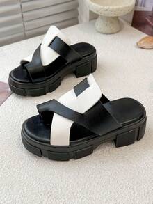 舒适加厚拖鞋 - 简约时尚双带设计 - 黑與白 - 查看 5