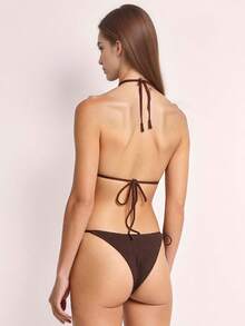 Womens Bikini Swimsuits Striped/Solid Halter Bra Tops with Thong 2 Pcs Set Stylish Bikini Bathing Suit - Marrón - Ver 4