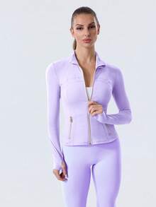 Women Slim Fit Sports BBL Jacket With Thumb Hole Stand Collar Zip Up - Lilac Ether/Gold - 查看 3