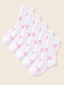 1/5 Pairs Girls Princess Style Lace Socks, Sweet Pink Bow Accent, Classic Versatile Breathable Soft White School Socks, Cute Casual Fine Soft Comfortable Mid-Calf Socks, Suitable For Party Gifts, School Activities, Home Leisure, Daily Wear, Spring/Summer - Multicolor - View 1