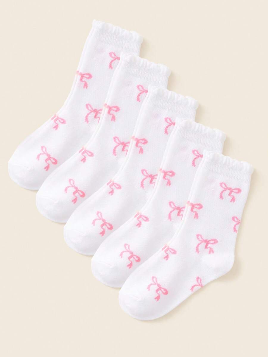 1/5 Pairs Girls Princess Style Lace Socks, Sweet Pink Bow Accent, Classic Versatile Breathable Soft White School Socks, Cute Casual Fine Soft Comfortable Mid-Calf Socks, Suitable For Party Gifts, School Activities, Home Leisure, Daily Wear, Spring/Summer - Multicolor - View 1