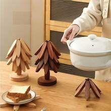 1pc Walnut Tree-Shaped Trivet Set - Natural Wooden Trivet Set - Includes 5 Wooden Trivets And 1 Holder, Foldable Kitchen Wooden Trivet For Hot Dishes, Pots, Bowls, Kettles, Can Be Used As Pot Holder, Coaster, Cup Mat, Tree-Shaped Household Heat Insulation Placemat, High-Quality Coaster, Modern Minimalist Placemat, Christmas Gift - Multicolor - View 1