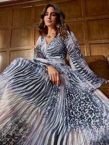 Faeriesty Elegant Deep V-Neck Flowing Maxi Dress, Paired With Exaggerated Bell Sleeves And A Fitted Silhouette, Romantic Leopard Print And Abstract Patterns Intertwine, Suitable For Wedding Guest, Romantic Photoshoot, Anniversary Date, Garden Party, And Bridal Shower - Black - View 8