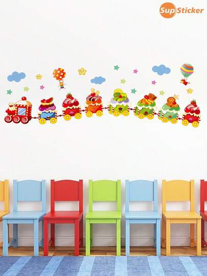 2pcs Cute Cartoon Animal Train, Dessert Cake Pattern Learning Wall Stickers, Waterproof And Durable For Kindergarten, Living Room, Children's Room Decor, 12.8*18.62inch