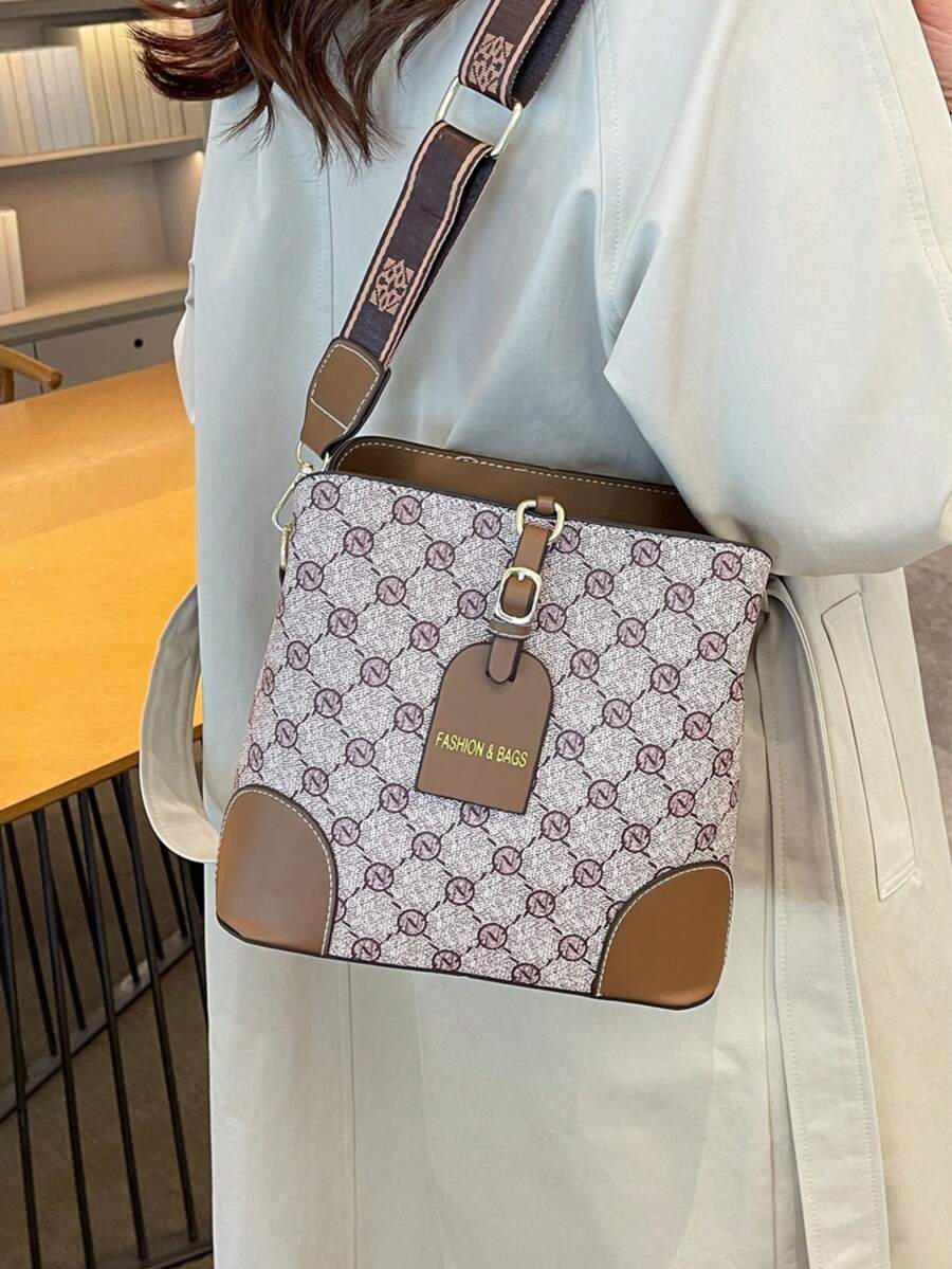 复古时尚小众单肩斜挎宽肩带大容量水桶包 - 灰色 - 查看 1