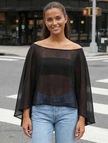 Black Sheer Asymmetrical Poncho For Women Solid Color Off Shoulder Blouse Elegant Loose Tops For Evening Party - màu đen - Xem 4