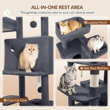 Katzenbaum Groß, 178 cm Kratzbaum, Kratzbaum Große Katzen Stabil mit Sisal-Kratzstämmen, Kratzbrett, 2 Bequemen Katzenhäuschen, 2 Sitzstangen, Pompons, Ruheplatz - Dunkelgrau - Übersicht 6