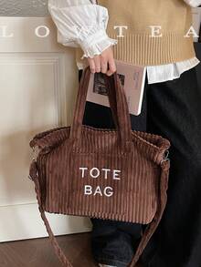 low tea 纯色灯芯绒拉链时尚手提包，饰有刺绣字母，适合女性日常使用 - 可作女士手提包、牛仔手提包、单肩包、斜挎包或托特包，适合上学、办公、旅行等场合。 - 咖啡 - 查看 5