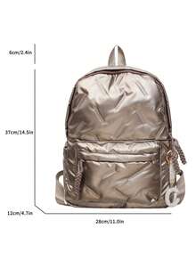 Sac à dos étudiant couleur or, nouveau style classique mode collège, design à motif losange couleur unie, extérieur décoré avec pendentif en forme de C en cristal, grande capacité multi-poches. Convient pour les voyages et les vacances, idéal pour une utilisation sur le campus pendant les périodes scolaires, également adapté pour les courts trajets. - Doré - Voir 3