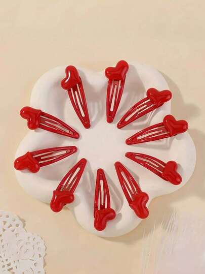 Set de 10 pinzas para el cabello con diseños de corazones, estrellas y lunares rojos en estilo de dibujos animados para el Día de San Valentín, versátiles pasadores para el flequillo lateral para uso diario de niñas